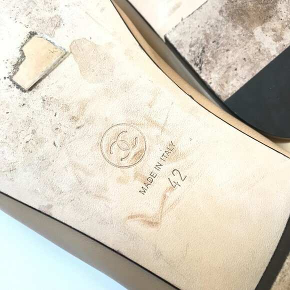 Chanel Cap Toe Ballet Flats Womens 42 11 Black Beige Nude Leather CC Logo Shoes - Picture 12 of 13